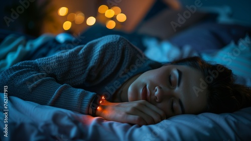 Person sleeping soundly in a comfortable bed with a sleep tracker on their wrist, illustrating the importance of quality sleep for overall health, Sleep tracking for better health concept photo