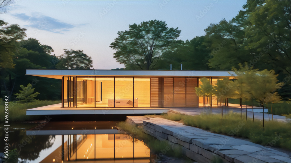 Modern house exterior with large glass windows and a beautiful landscape of trees and a pond. Modern house exterior with large glass windows and a beautiful landscape of trees and a pond.