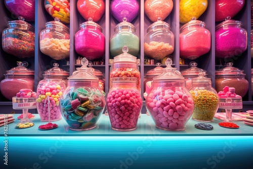 Sweets in glass jars on the counter of a candy store
