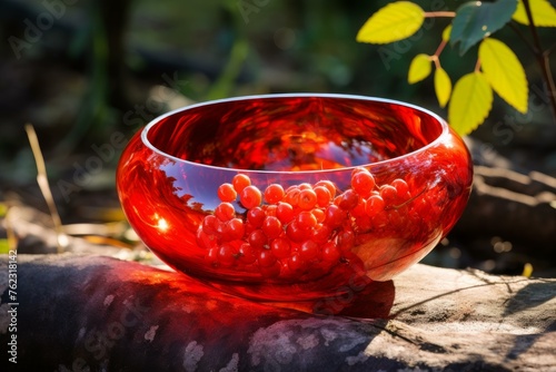 Shiny Red cloudberry with leaves in bowl. Fresh natural wild mountain berries. Generate ai photo