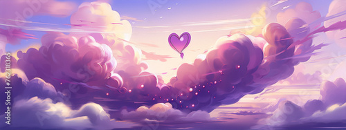 Purple cloudscape with a pink heart-shaped balloon floating in the sky photo