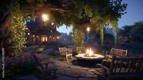 Fantasy tavern nestled into the side of a giant tree with a fire pit and flowers. photo
