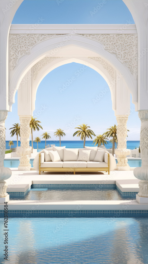 Luxury white sofa in Moorish style with swimming pool and palm trees