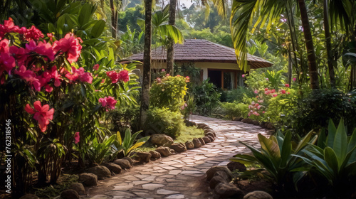 Stone path through a tropical garden with a?????? in the distance surrounded by lush vegetation and colorful flowers. © hanansn