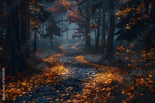 Enchanting Forest Path: A mystical forest scene with a winding path covered in vibrant autumn leaves, inviting viewers to explore the enchanting unknown.