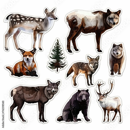 Watercolor Animal stickers. of woodland animals and trees deer, elk, fox, wolf, bear, reindeer, and pine trees. Realistic style with vibrant colors in a natural setting.
