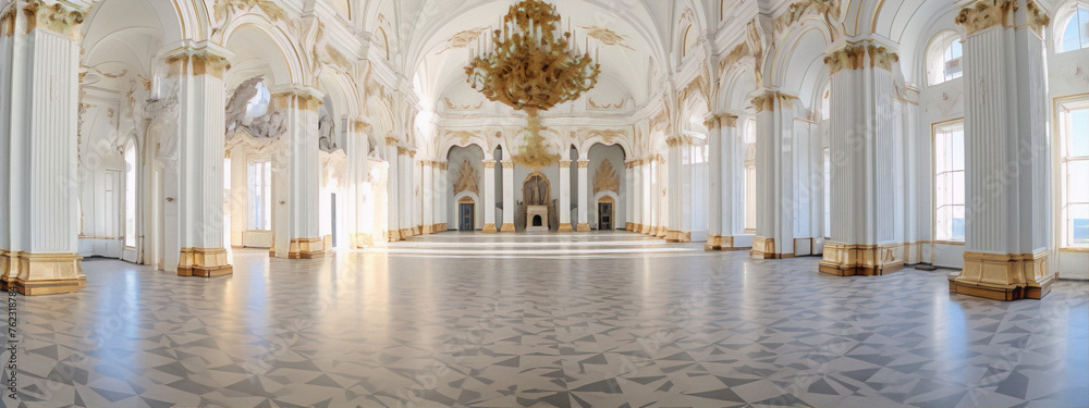 Baroque, architecture, interior, gold, white, luxury, ornament, chandelier, columns, floor, pattern, perspective - obrazy, fototapety, plakaty 