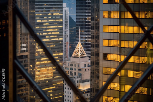 Urban Cityscape with Geometric Shapes and Warm Lights
