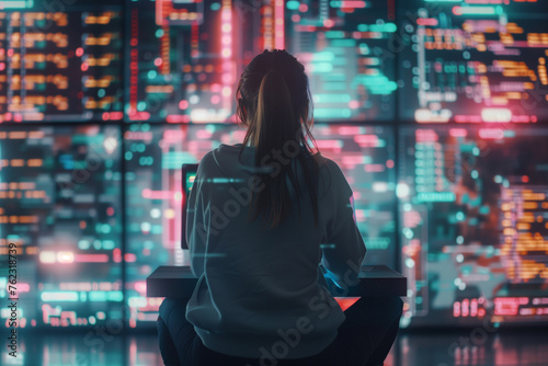 Female Developer Thinking and Typing on Computer Surrounded by Big Screens Showing Coding Language. Professional Programmer Creating Software Running Coding Tests. Futuristic Concept of Programming