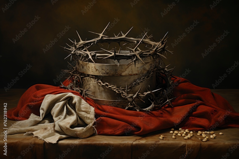 Crown of thorns and nails with John verse over cloth - generative ai Crown of thorns and nails with John verse over cloth - generative ai