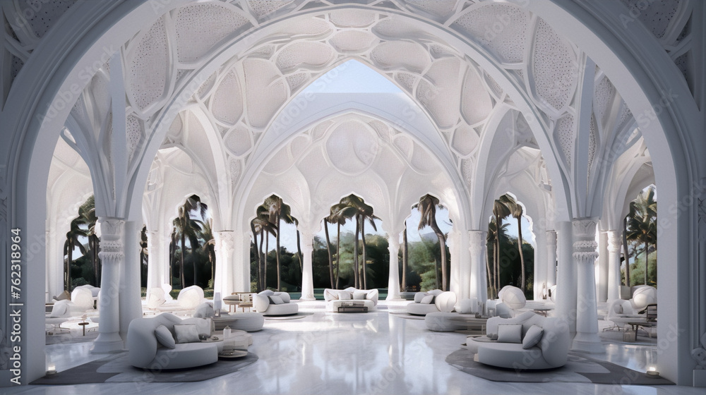 Futuristic white architecture interior with Moorish elements and soft seating.