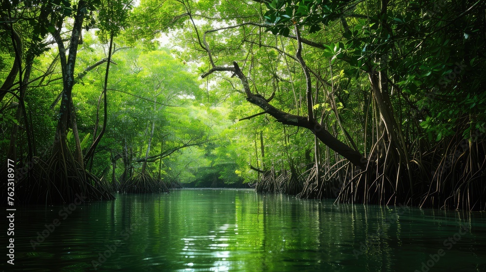 Fototapeta premium Tranquil Mangrove River Flowing Through Green Forest