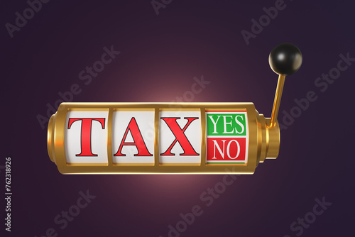 Golden casino slot machine with a pull handle showing the word TAX and an option of YES and NO in purple background. Illustration of the concept of taxable items, taxation and tax policies