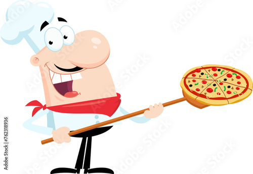 Happy Chef Man Cartoon Character Inserting A Pizza. Vector Illustration Flat Design Isolated On Transparent Background
