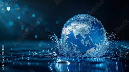 Water droplets forming the shape of continents on a globe, emphasizing the interconnectedness of water resources worldwide, Global water awareness concept photo