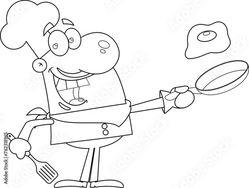 Outlined Happy Chef Man Cartoon Character Holding A Frying Pan With Egg. Vector Hand Drawn Illustration Isolated On Transparent Background