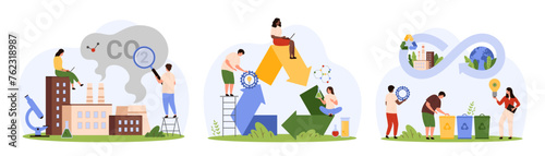 Circular economy and waste management, environmental protection set. Tiny people research air pollution with carbon dioxide, manufacturing with materials recycling cartoon vector illustration