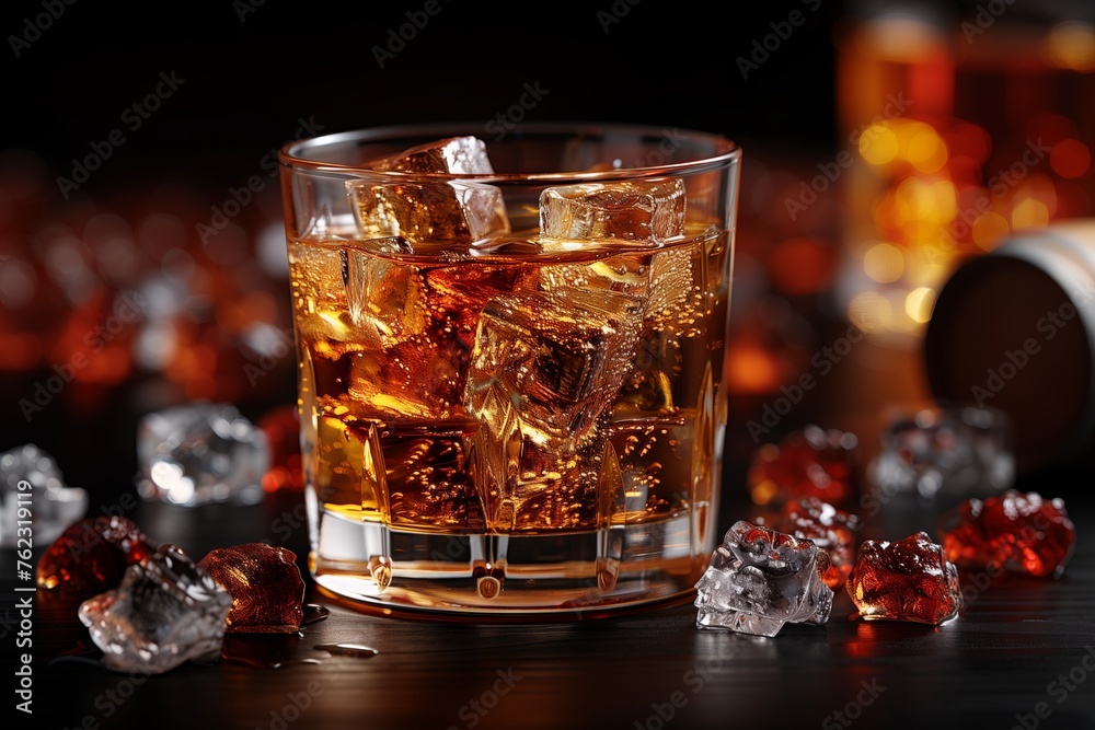 Liquid Tennessee whiskey with ice cubes in a drinkware on a table Liquid Tennessee whiskey with ice cubes in a drinkware on a table