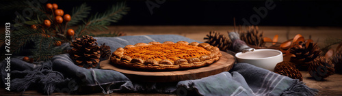 rustic still life of a pumpkin pie on a wooden table with pine cones and berries