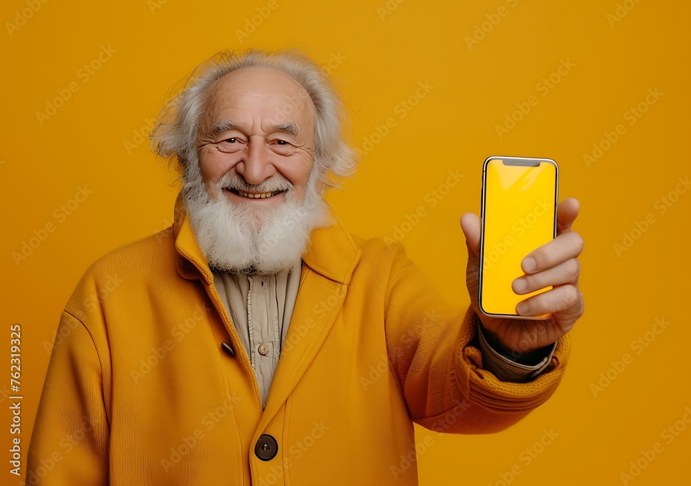 Smiling Engagement: Elderly Man Points to a Yellow Screen, Highlighting Innovative Techniques Smiling Engagement: Elderly Man Points to a Yellow Screen, Highlighting Innovative Techniques