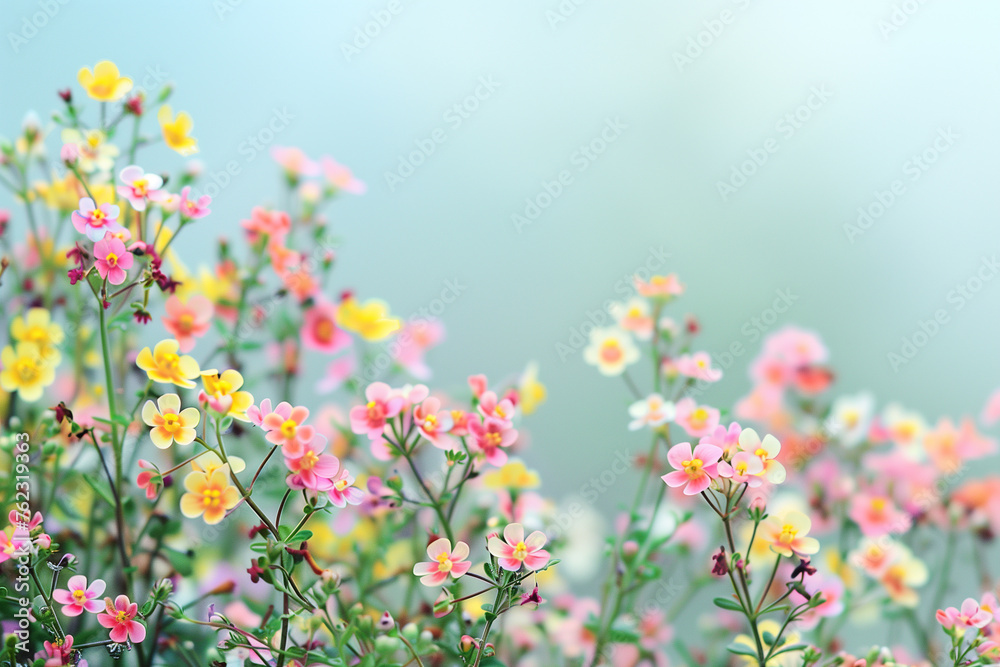 Obraz premium Colorful and beautiful flowers in minimalist copy space background, abstract flower wallpaper concept, Beautiful flowers with empty space for text, selective focus on elegant flowers with bokeh effect