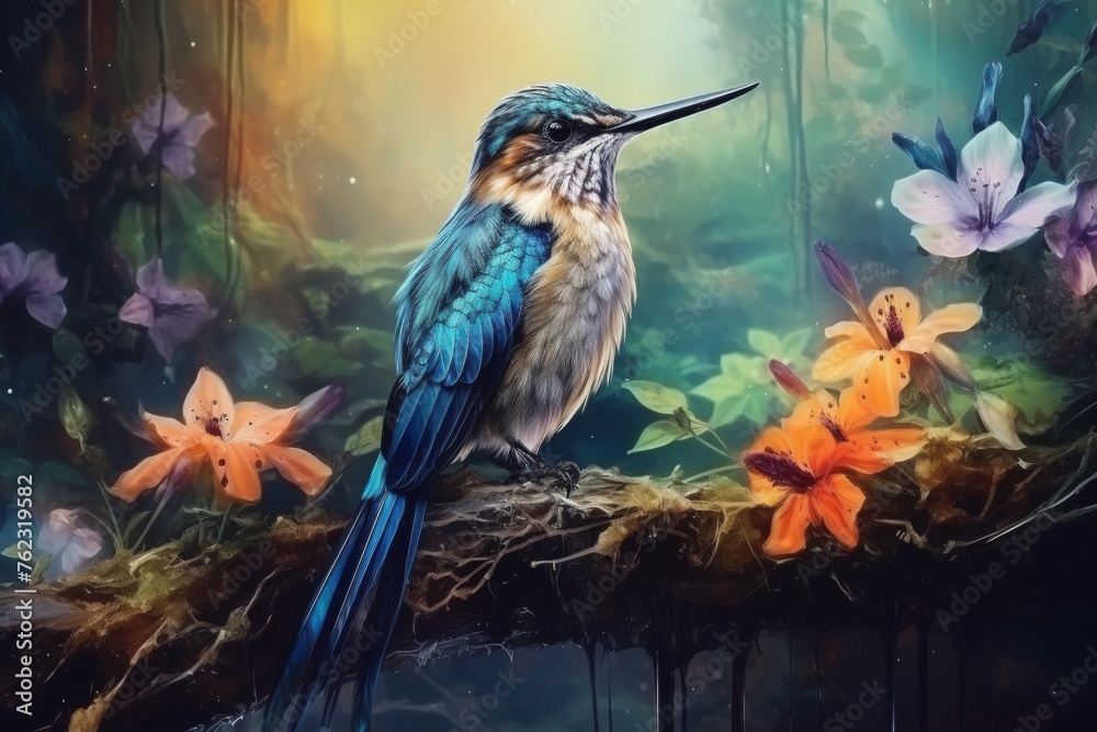 Close up portrait of hummingbird on flower with jungle background nature wildlife scene Close up portrait of hummingbird on flower with jungle background nature wildlife scene