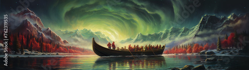 Fantasy landscape painting of a boat on a lake with aurora borealis in the sky and mountains in the background. © amsassia