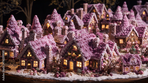 A 3D rendering of a gingerbread village with pink icing and candy decorations. © amsassia