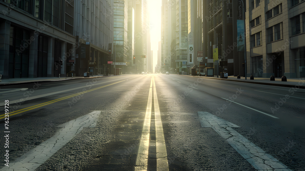 Sunlight filters through city buildings onto road surface - obrazy, fototapety, plakaty 