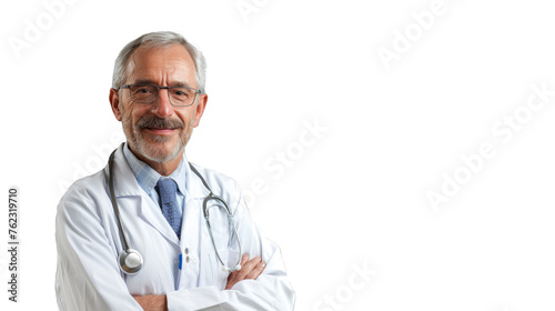 Cheerful mature doctor posing and smiling at camera, healthcare and medicine. PNG file of isolated cutout object on transparent background.