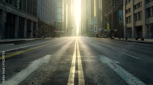 Sunlight filters through city buildings onto road surface