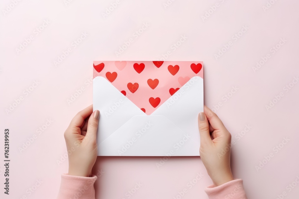 Hands presenting a white envelope adorned with a heart pattern. Hands Holding a Valentine Envelope with Heart Patterns Hands presenting a white envelope adorned with a heart pattern. Hands Holding a Valentine Envelope with Heart Patterns