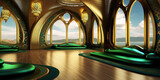 Futuristic luxury palace interior concept with green and gold accents