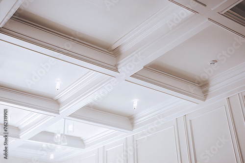 White coffered ceiling in the interior of a luxury home