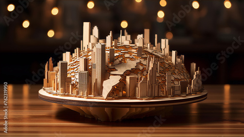 A wooden model of a city on a table with a blurred background of lights.