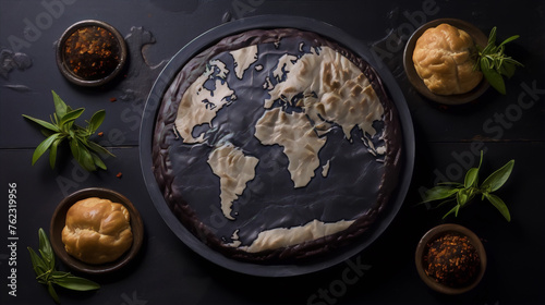 A world map made of puff pastry on a black background with some spices and herbs.