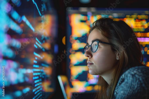 Portrait of Young Woman Working on Laptop Computer Looking at Big Digital Screen Displaying Back-end Code Lines. Professional Programmer Developing a Big Data Interface Software Project © Lucas