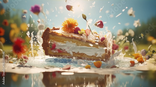 Close-up of a cake falling into water with flowers and fruit in the background. photo