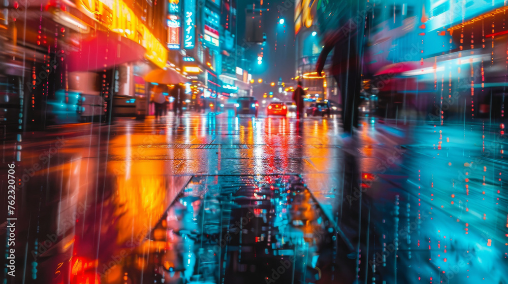 Vibrant City Lights Reflection on Wet Street at Night