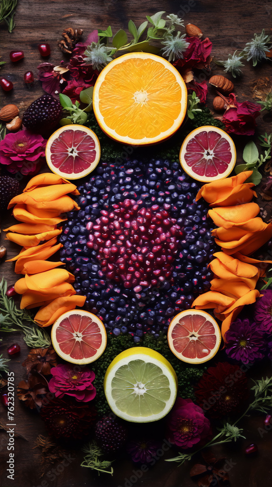 vibrant still life of citrus fruits and berries with a heart-shaped floral centerpiece