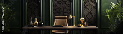Luxury green home office interior with brown leather chair and golden decor 3d render