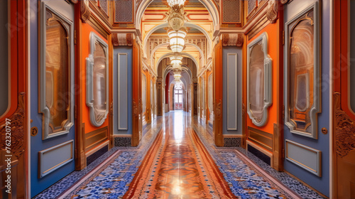 Luxury hotel  intricate patterns  vibrant colors  ornate chandeliers  opulent decorations  exquisite details  stunning architecture  interior design  rich textures  captivating perspectives  visual m