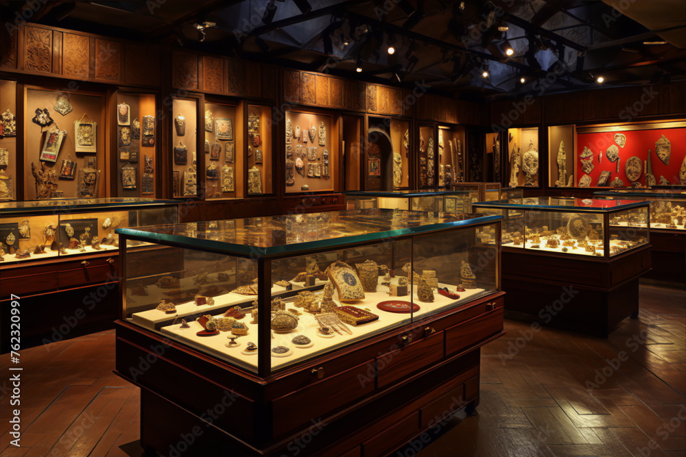 A collection of antique jewelry and artifacts displayed in a museum with dark wood cabinets and glass cases. A collection of antique jewelry and artifacts displayed in a museum with dark wood cabinets and glass cases.