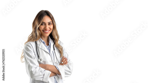 Portrait of an attractive young female doctor in white coat. PNG file of isolated cutout object on transparent background.
