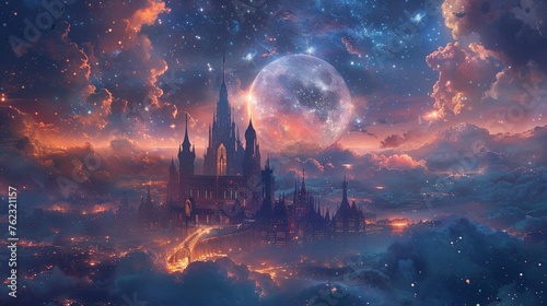 Fantasy moon castle vibrant celestial architecture eyelevel view nebula hues