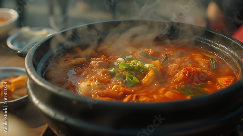 Traditional Korean food. Bowl of hot spicy kimchi jjigae. Generated by artificial intelligence.