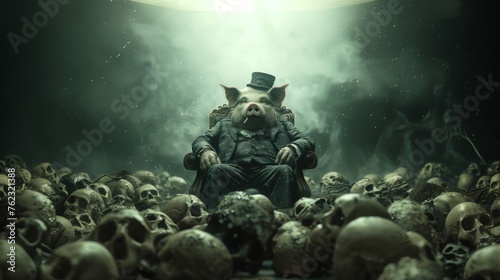 a fat pig in a top hat sits on a mountain of skulls capitalism .Generative AI