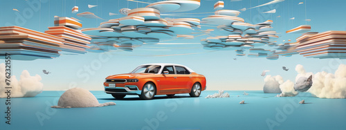 3D rendering of a car in a surreal dreamscape with a blue background and white clouds.