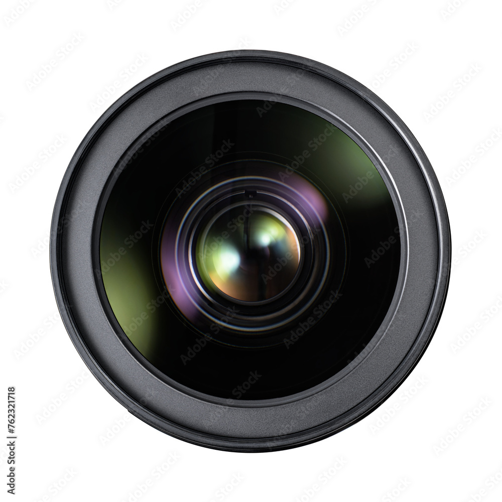 Detailed close-up view of a camera lens with visible reflections on the glass elements isolated. Transparent PNG image. Detailed close-up view of a camera lens with visible reflections on the glass elements isolated. Transparent PNG image.