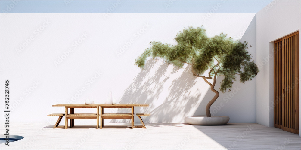 Minimalist 3D rendering of a patio with a tree, table and bench in a bright color palette Minimalist 3D rendering of a patio with a tree, table and bench in a bright color palette